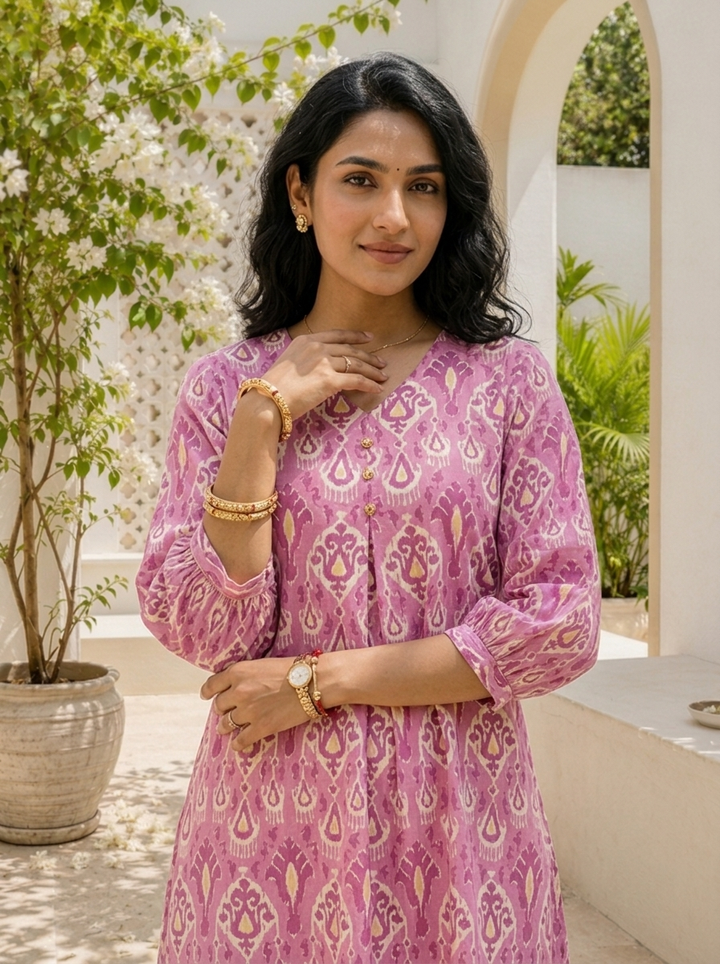 Purple Cotton Ikat Jaal Printed Kurta