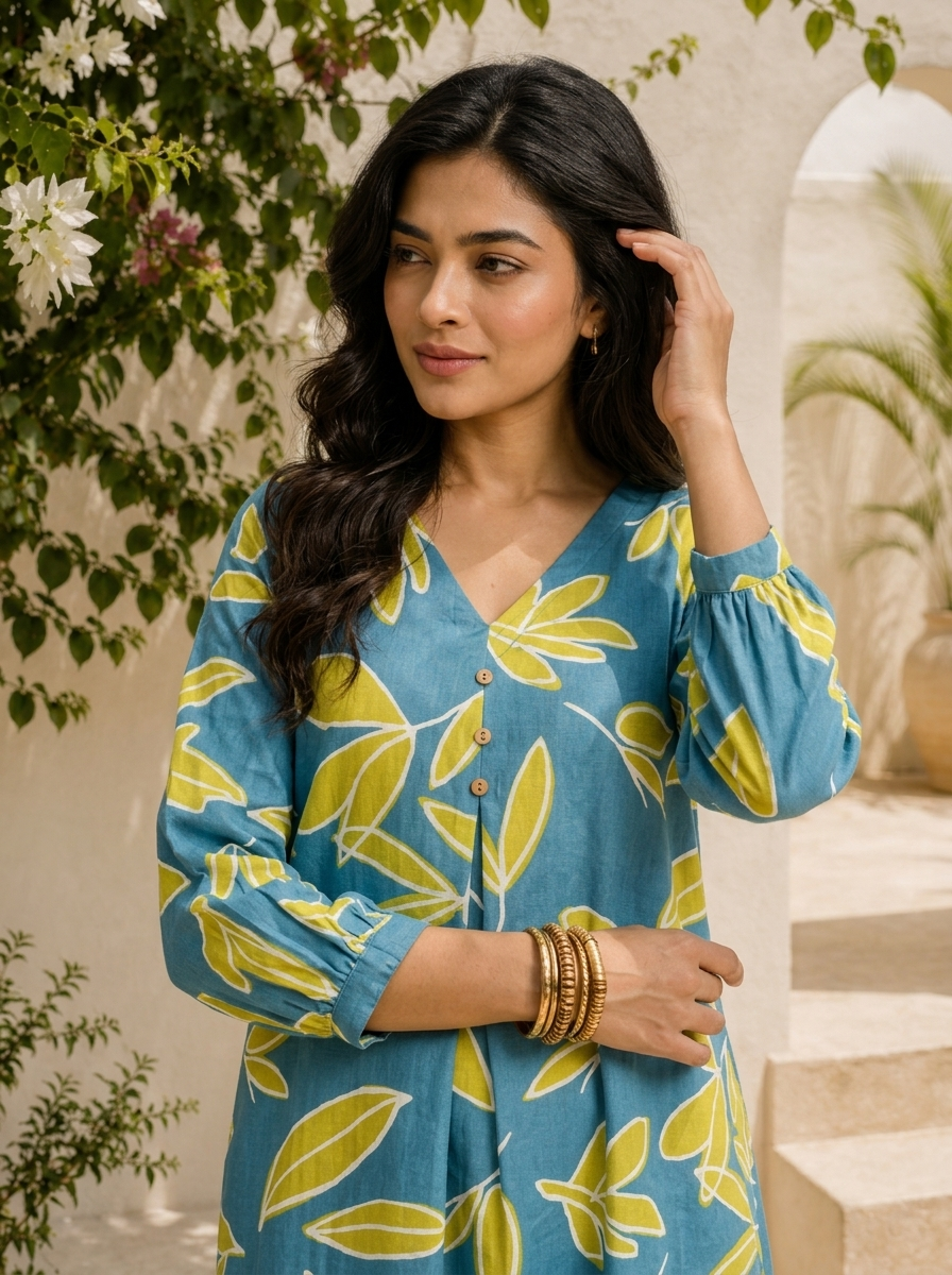 Teal Cotton Leaf Digital Printed Kurta