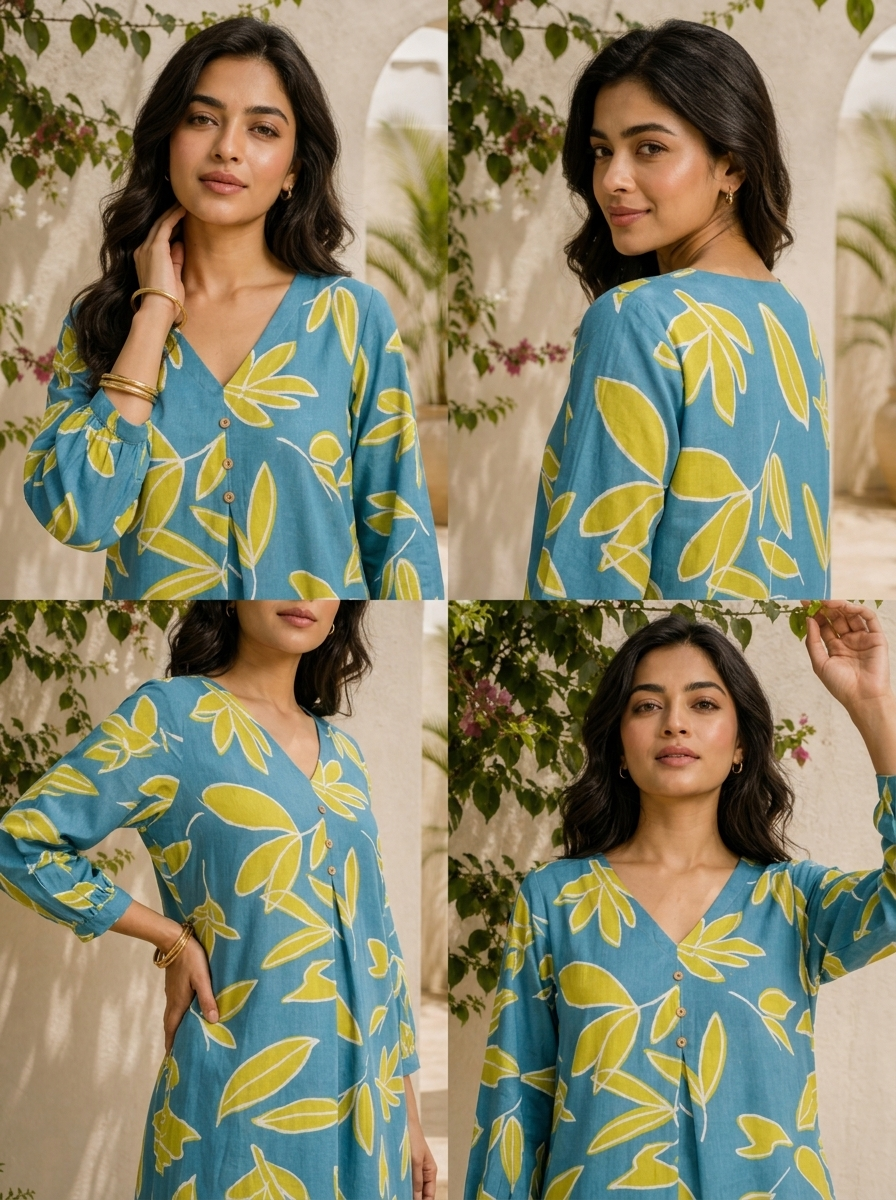Teal Cotton Leaf Digital Printed Kurta