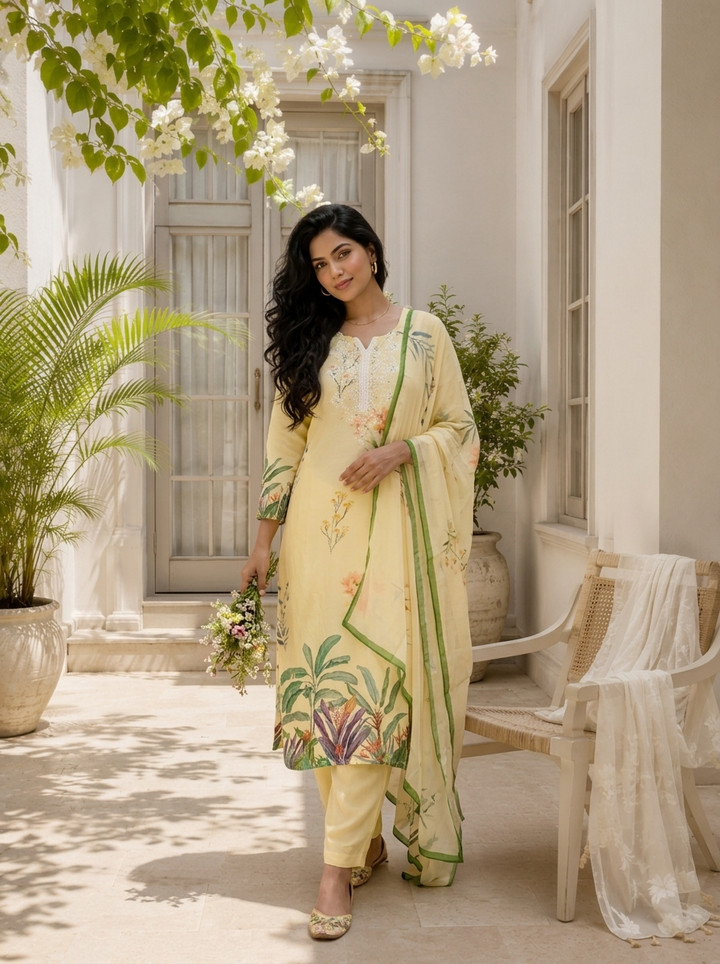 Cream Linen Botanical Printed Three Piece Set