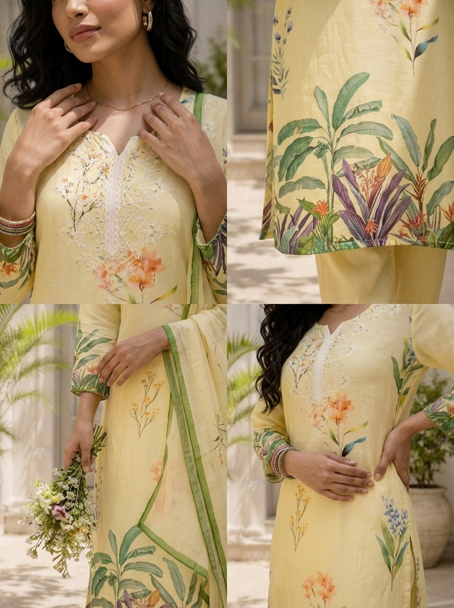 Cream Linen Botanical Printed Three Piece Set