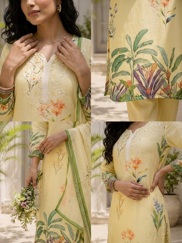 Cream Linen Botanical Printed Three Piece Set