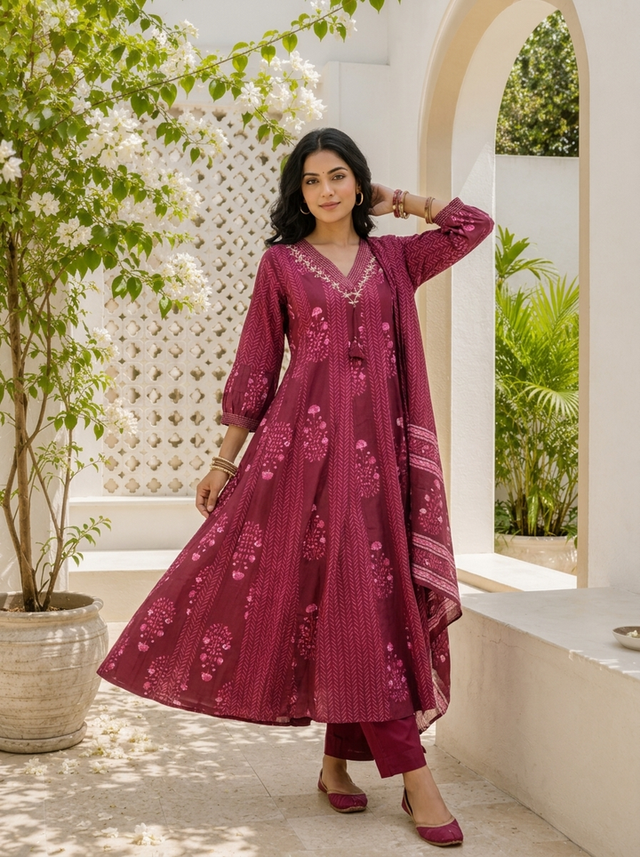 Wine Cotton Chevron Block Printed Three Piece Set