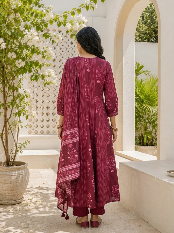 Wine Cotton Chevron Block Printed Three Piece Set