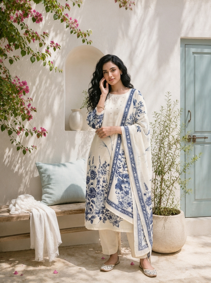 Cream Silk Chinoiserie Floral Printed Three Piece Set
