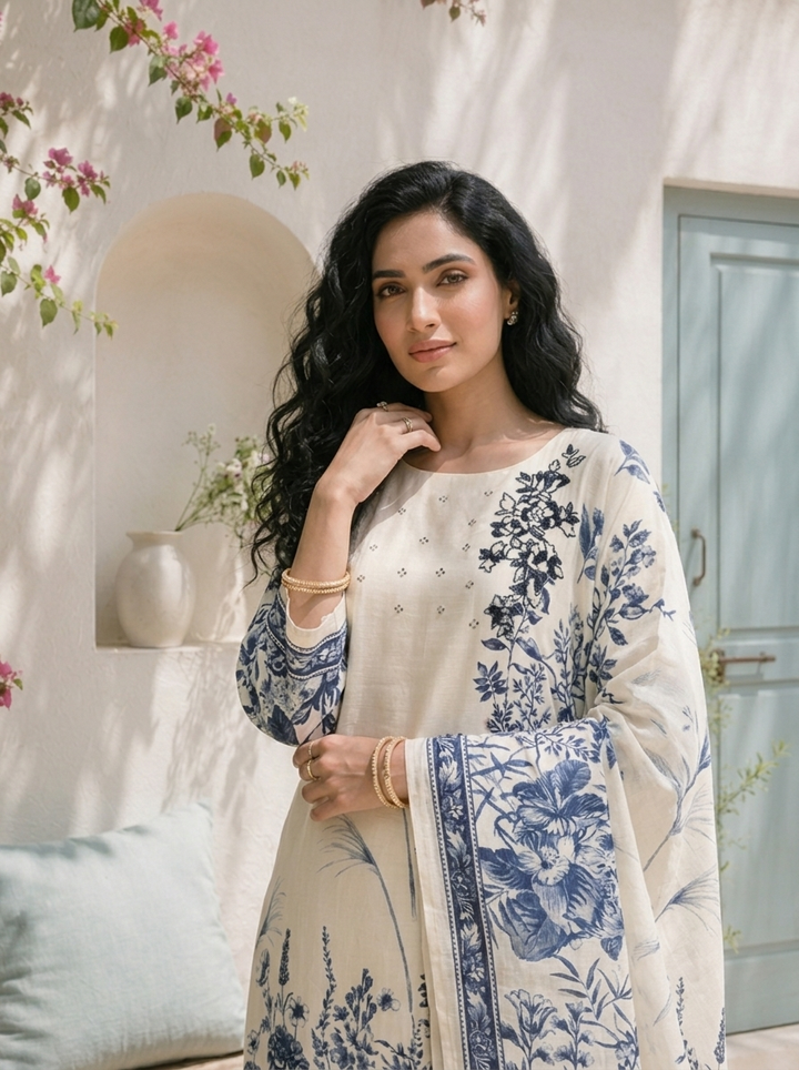 Cream Silk Chinoiserie Floral Printed Three Piece Set