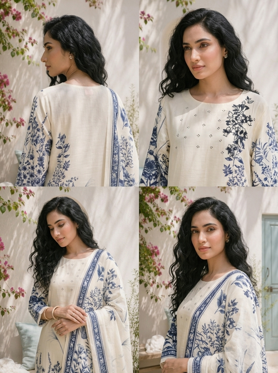 Cream Silk Chinoiserie Floral Printed Three Piece Set