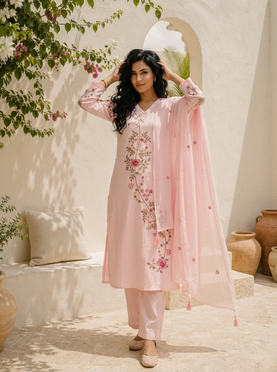 Baby Pink Cotton Diagonal Floral Vine Embroidered Three Piece Set