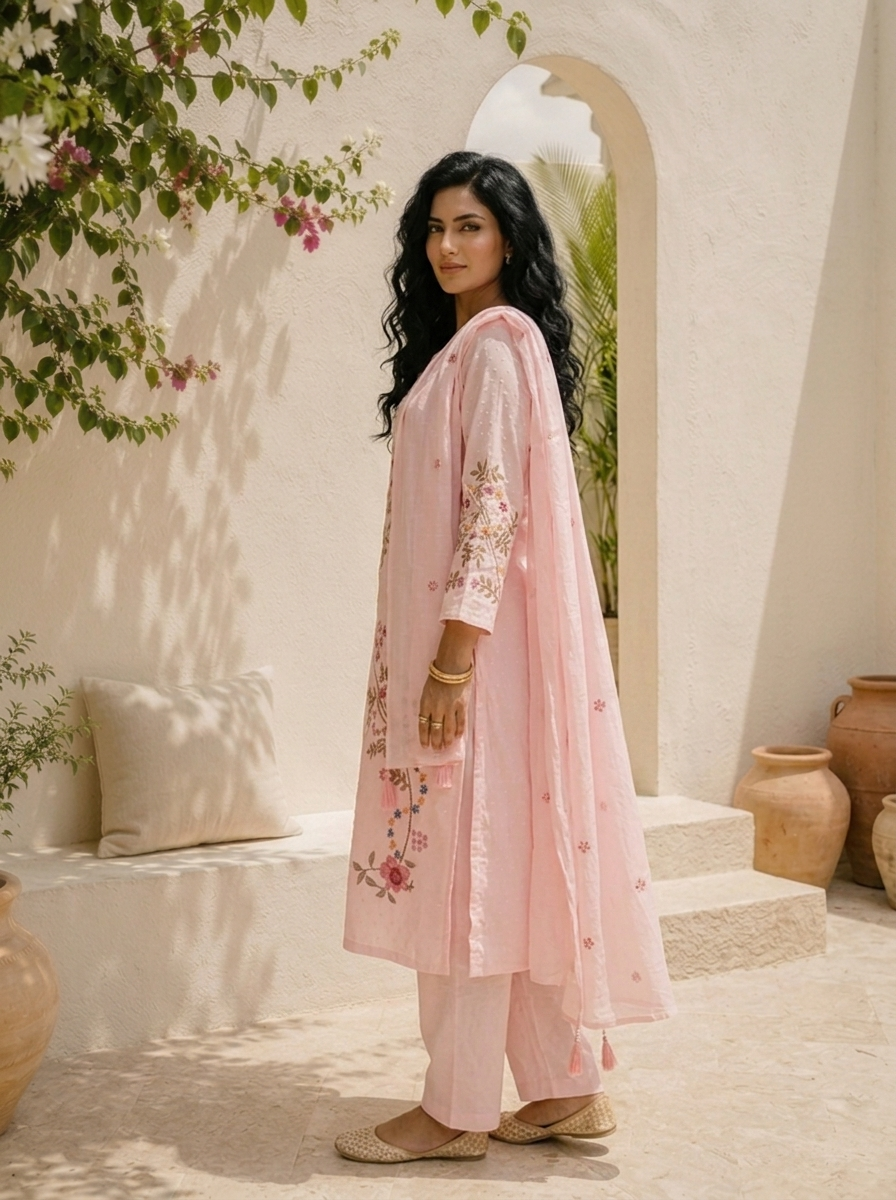 Baby Pink Cotton Diagonal Floral Vine Embroidered Three Piece Set