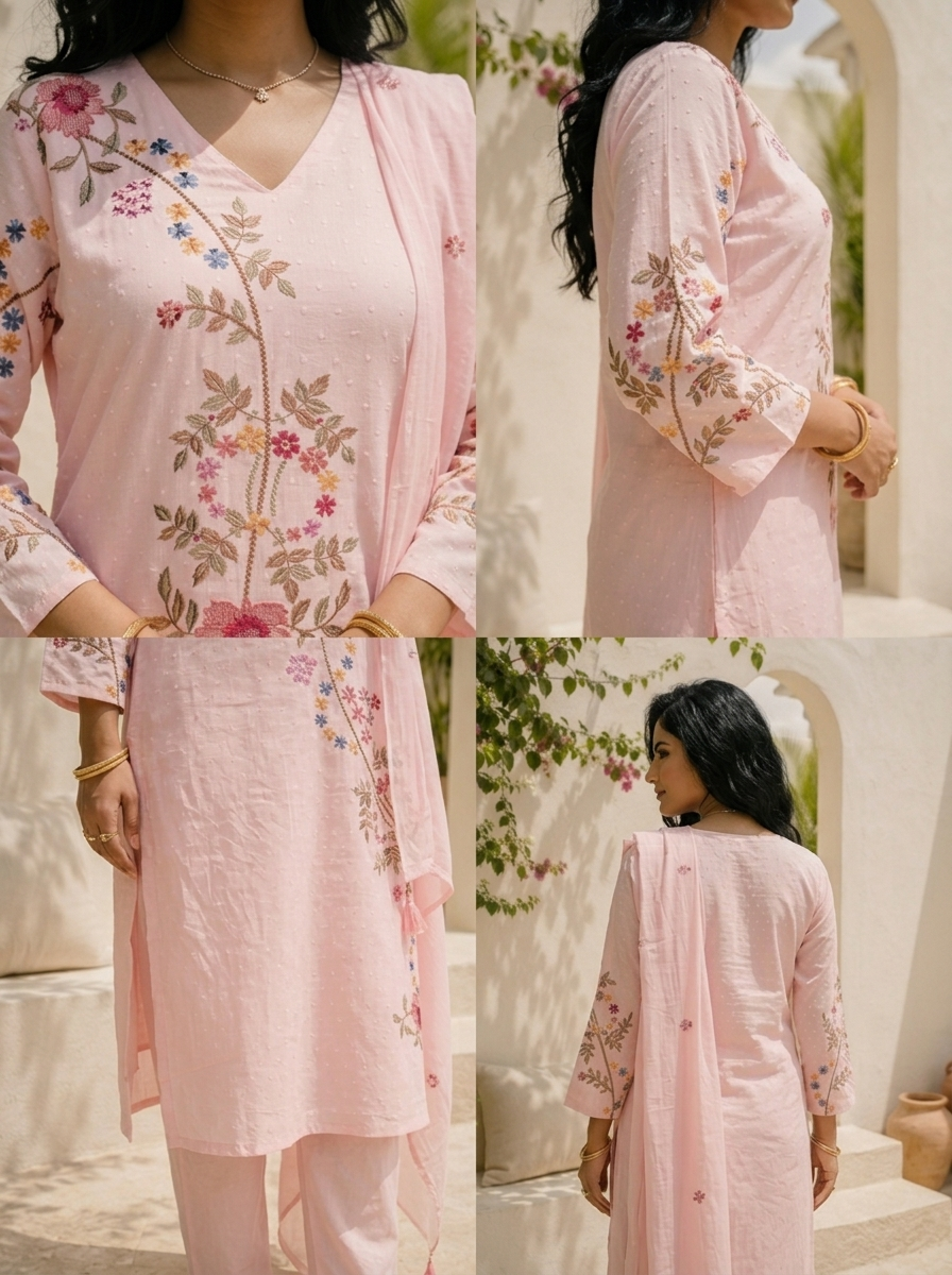 Baby Pink Cotton Diagonal Floral Vine Embroidered Three Piece Set