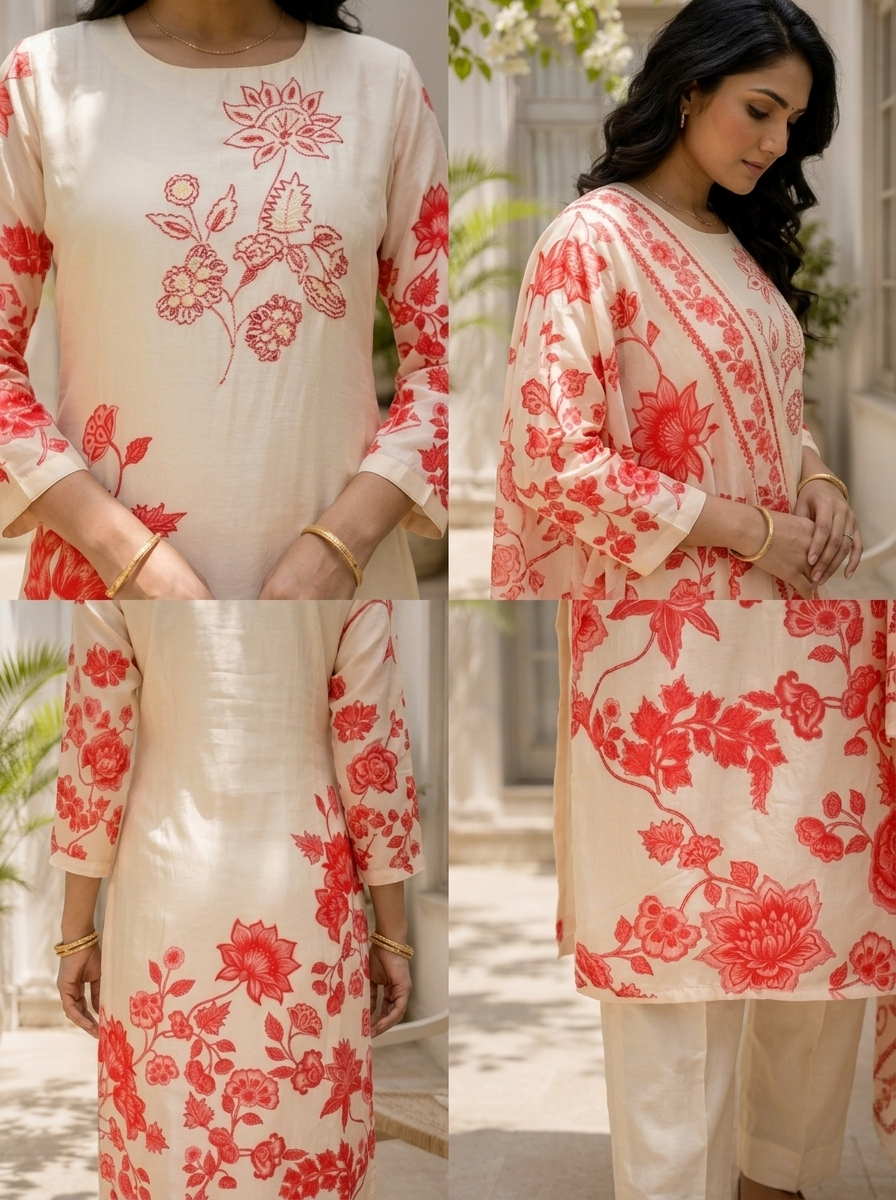 Cream Silk Floral Block Printed Three Piece Set