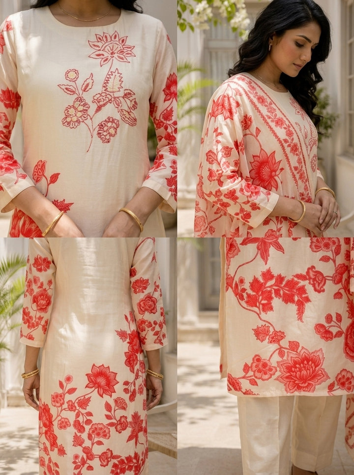 Cream Silk Floral Block Printed Three Piece Set