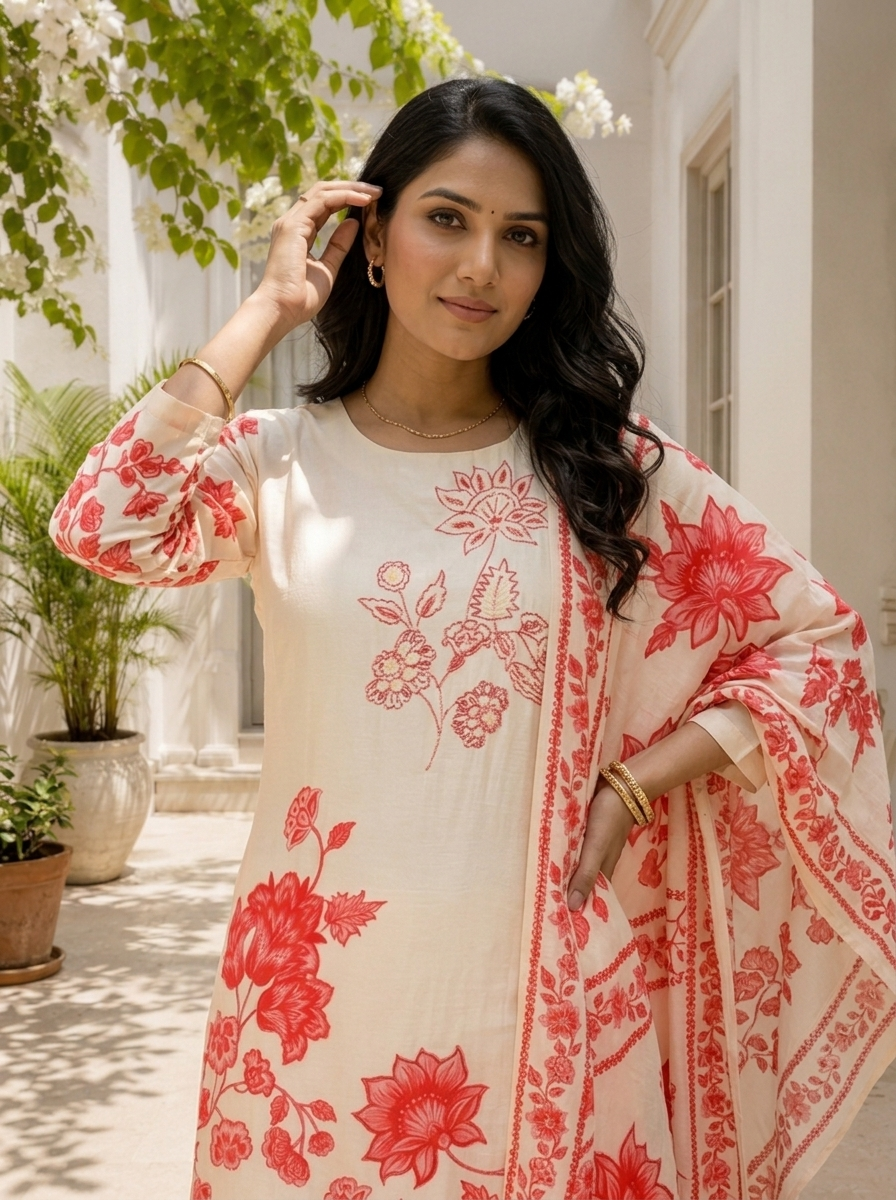 Cream Silk Floral Block Printed Three Piece Set
