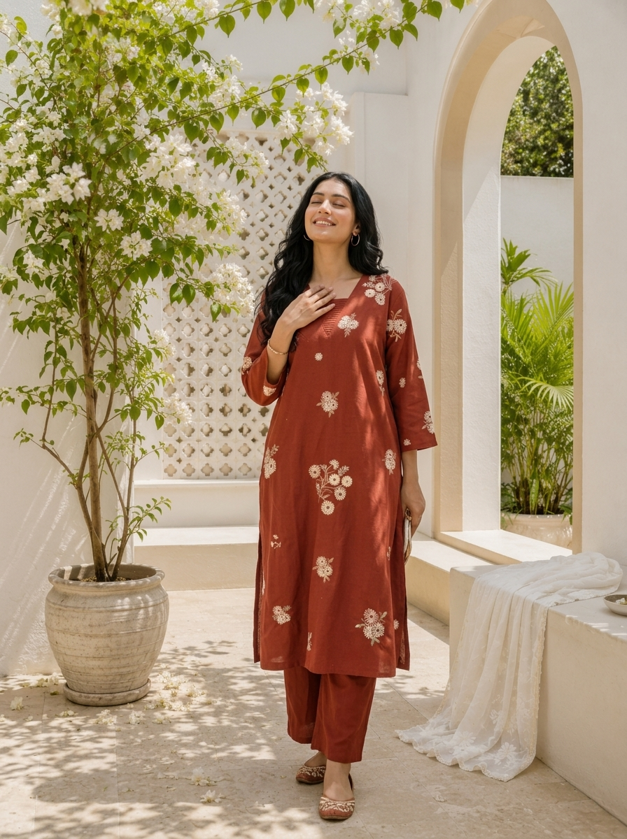 Maroon Cotton Floral Butta Embroidered Two Piece Set