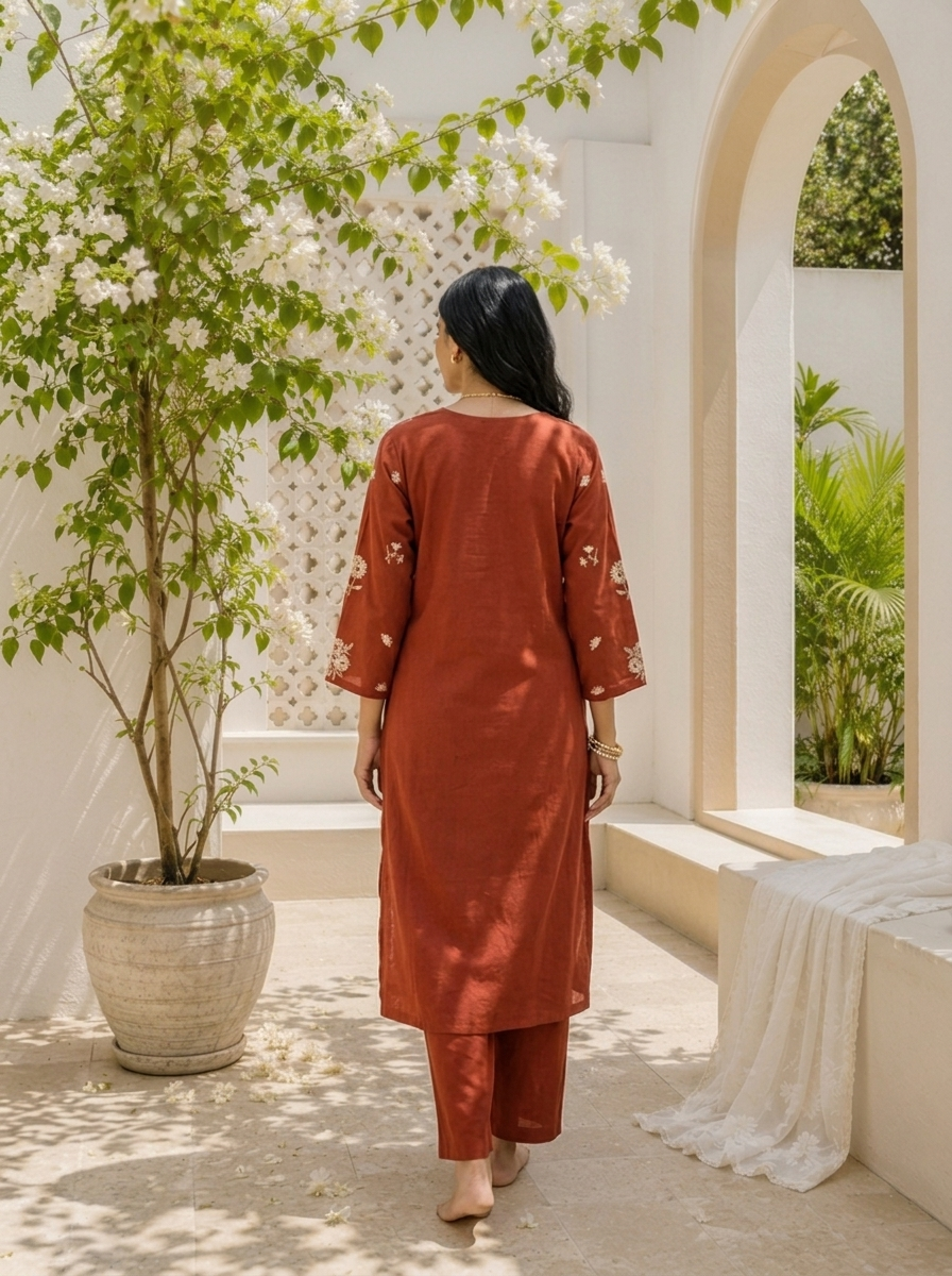 Maroon Cotton Floral Butta Embroidered Two Piece Set