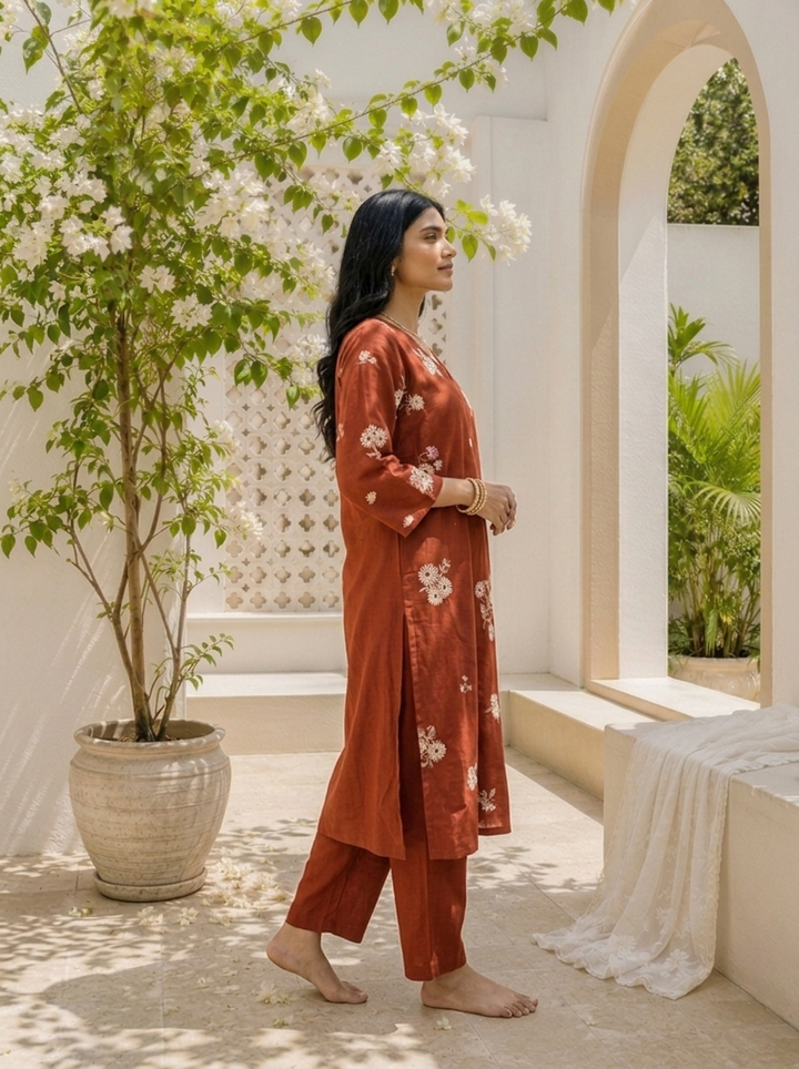 Maroon Cotton Floral Butta Embroidered Two Piece Set