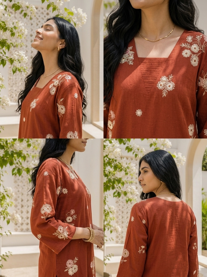 Maroon Cotton Floral Butta Embroidered Two Piece Set