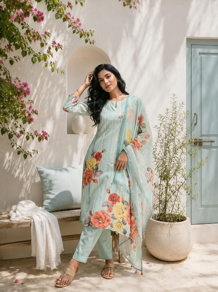 Sky Blue Linen Stripe With Floral Printed Three Piece Set