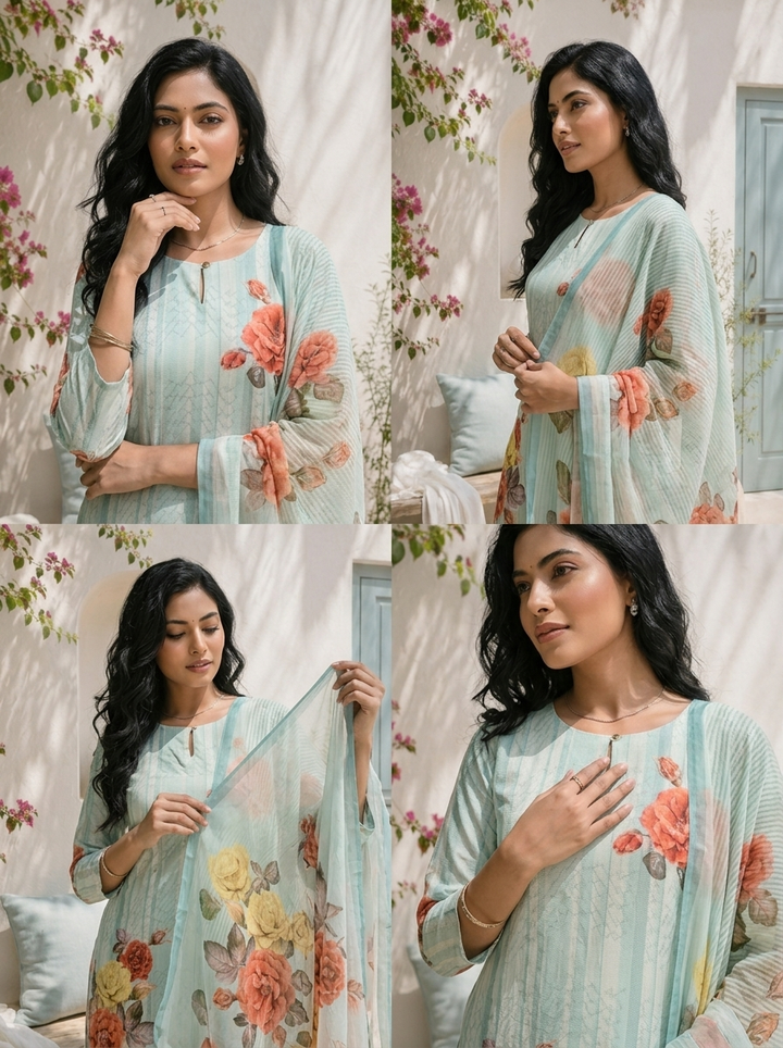 Sky Blue Linen Stripe With Floral Printed Three Piece Set