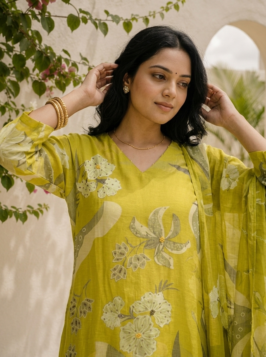Lime Green Linen Floral With Sequence Printed Three Piece Set