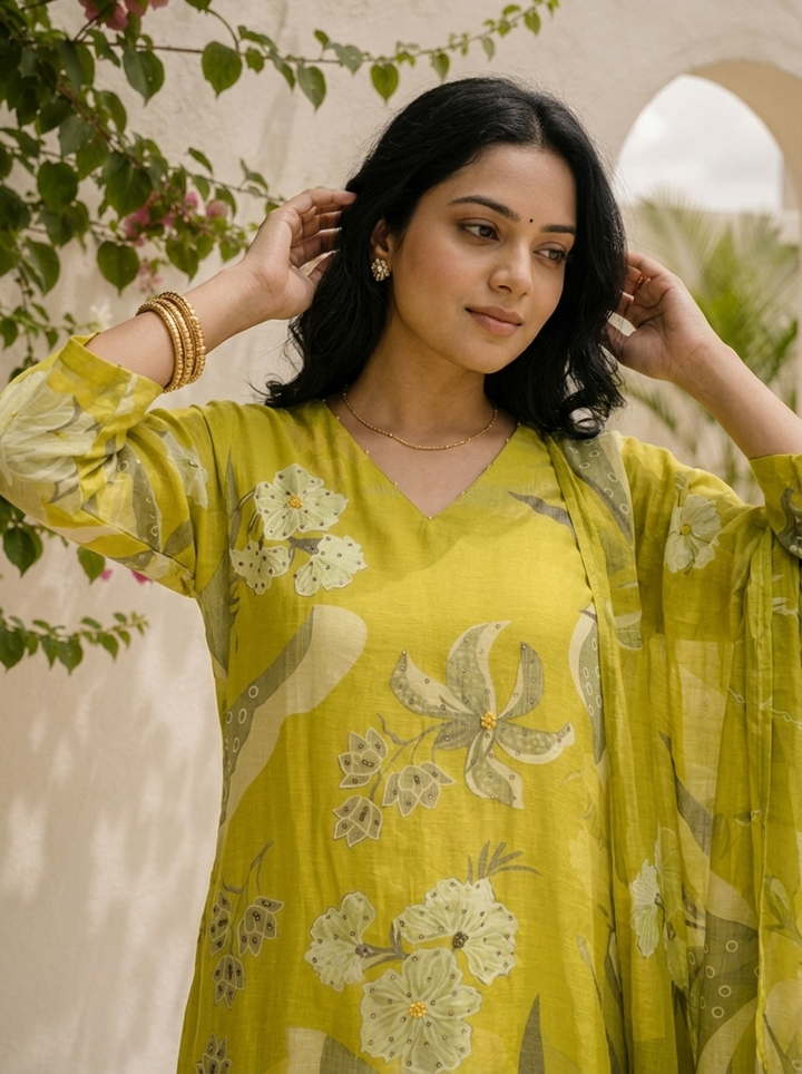 Lime Green Linen Floral With Sequence Printed Three Piece Set