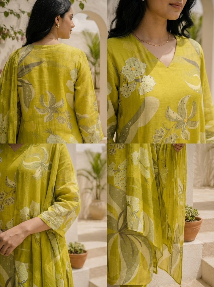 Lime Green Linen Floral With Sequence Printed Three Piece Set