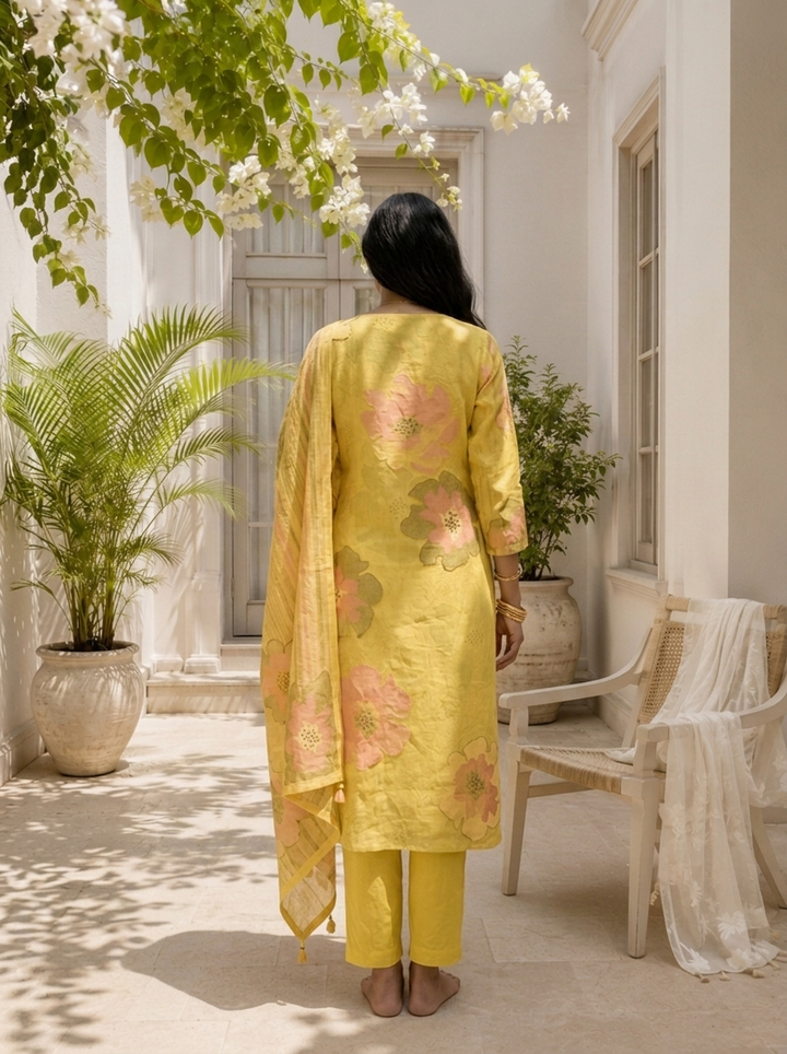 Lemon Linen Watercolor Floral Printed Three Piece Set