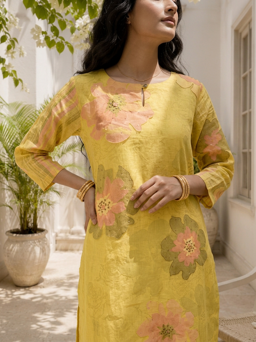 Lemon Linen Watercolor Floral Printed Three Piece Set