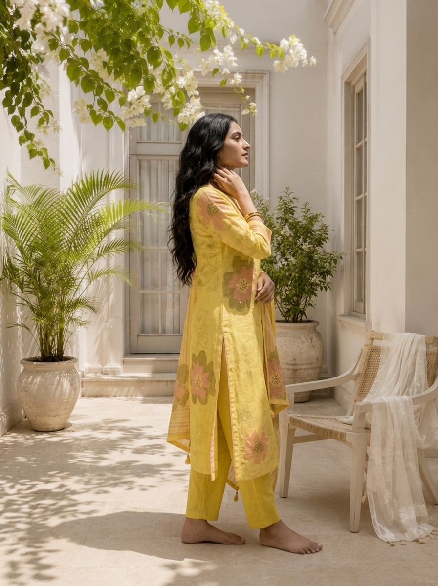 Lemon Linen Watercolor Floral Printed Three Piece Set