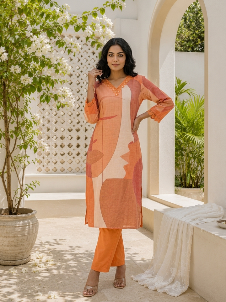 Orange Linen Abstract Face Art Printed Two Piece Set