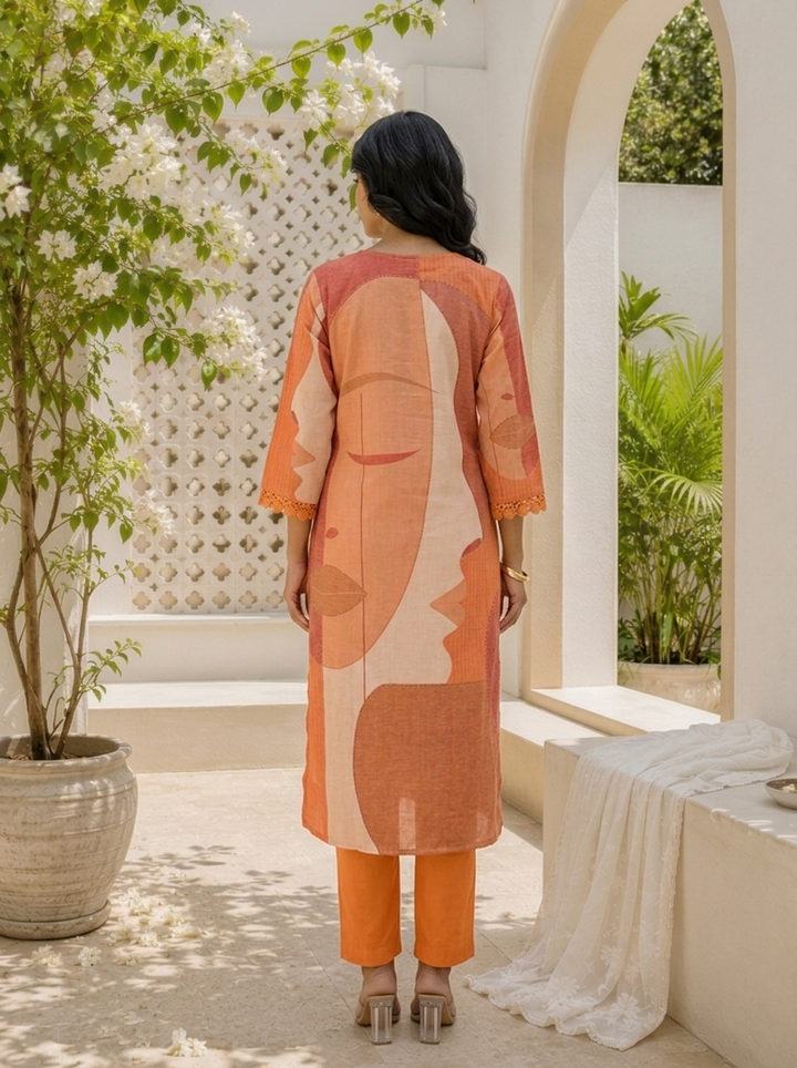 Orange Linen Abstract Face Art Printed Two Piece Set