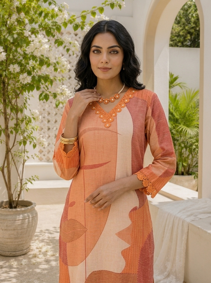 Orange Linen Abstract Face Art Printed Two Piece Set