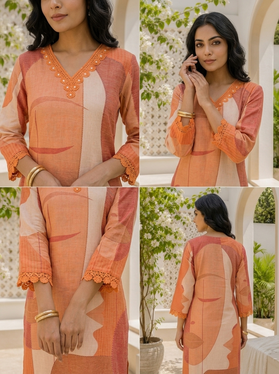 Orange Linen Abstract Face Art Printed Two Piece Set