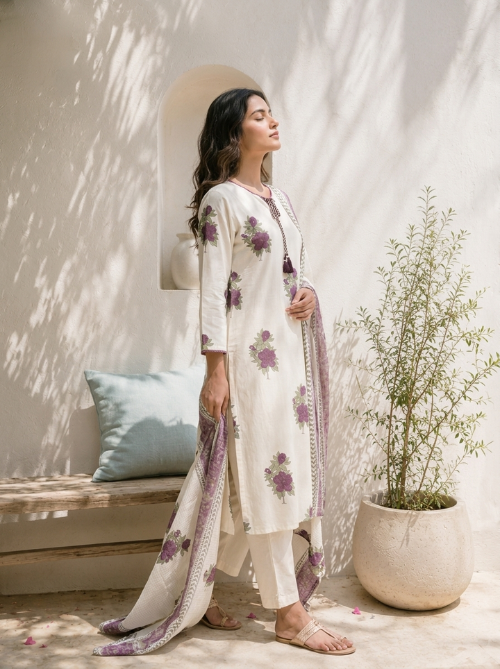 Purple Cotton Floral Block Motifs Printed Three Piece Set