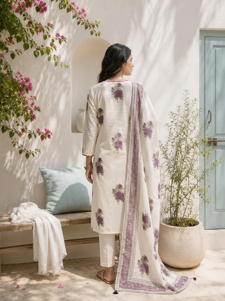 Purple Cotton Floral Block Motifs Printed Three Piece Set