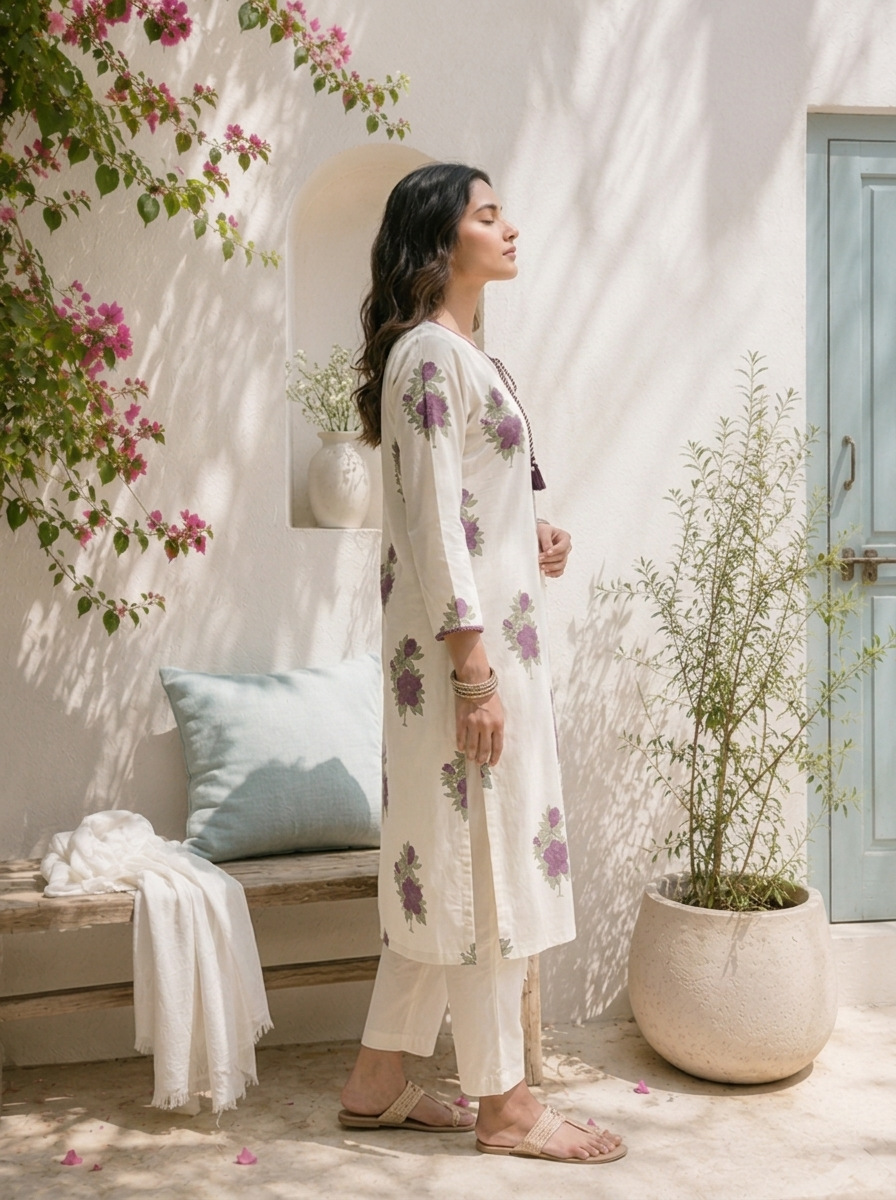 Purple Cotton Floral Block Motifs Printed Three Piece Set