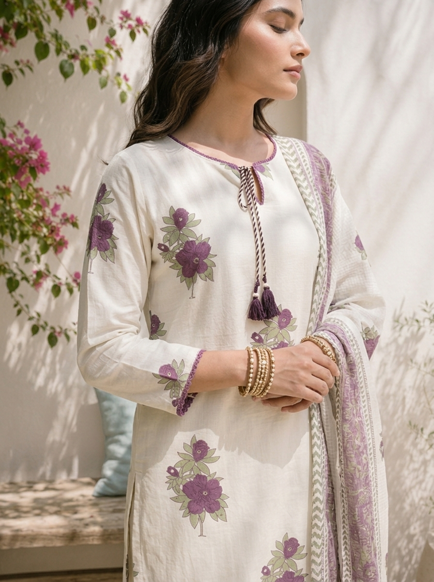 Purple Cotton Floral Block Motifs Printed Three Piece Set