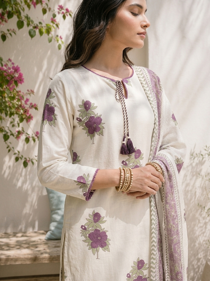 Purple Cotton Floral Block Motifs Printed Three Piece Set