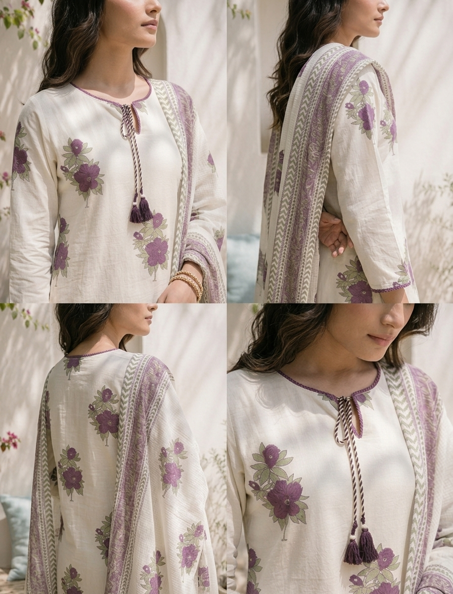 Purple Cotton Floral Block Motifs Printed Three Piece Set