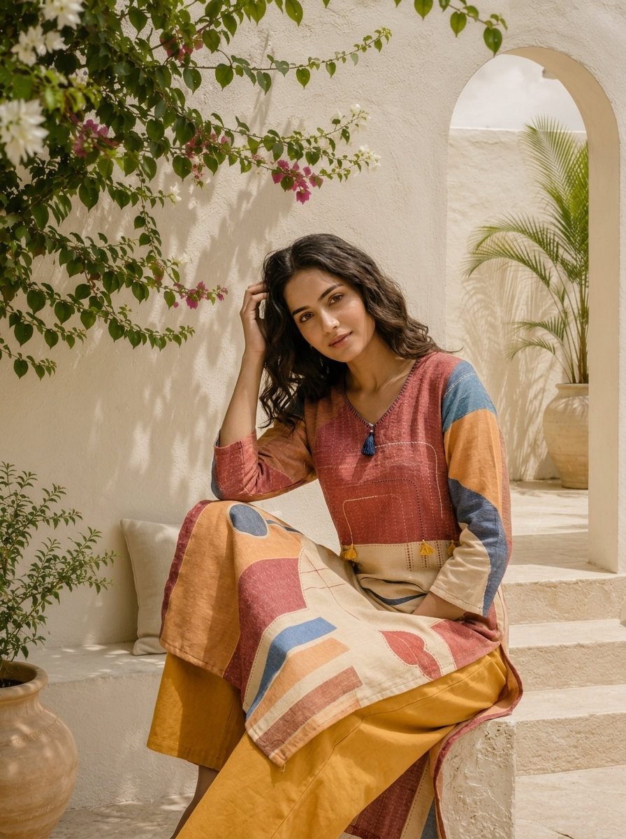 Beige Linen Abstract Geometric And Art Printed Two Piece Set