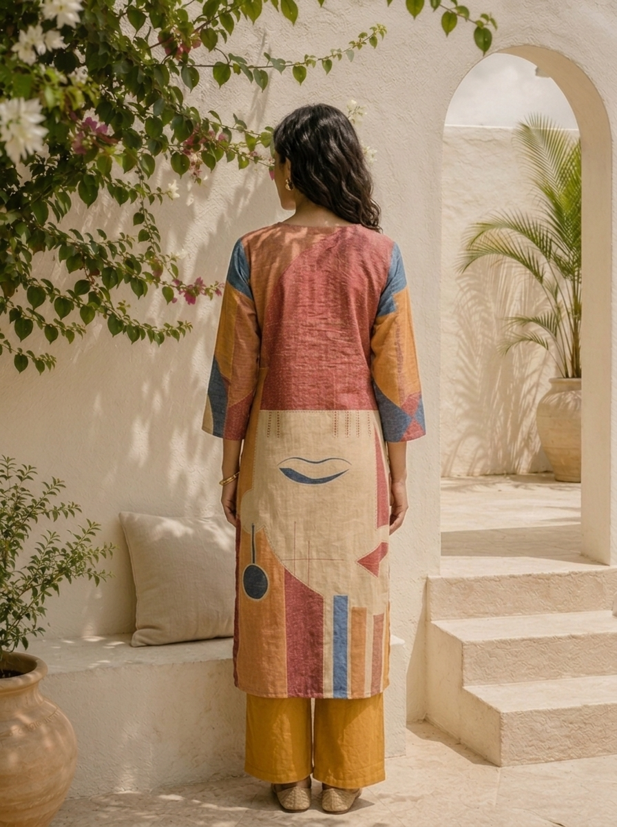 Beige Linen Abstract Geometric And Art Printed Two Piece Set
