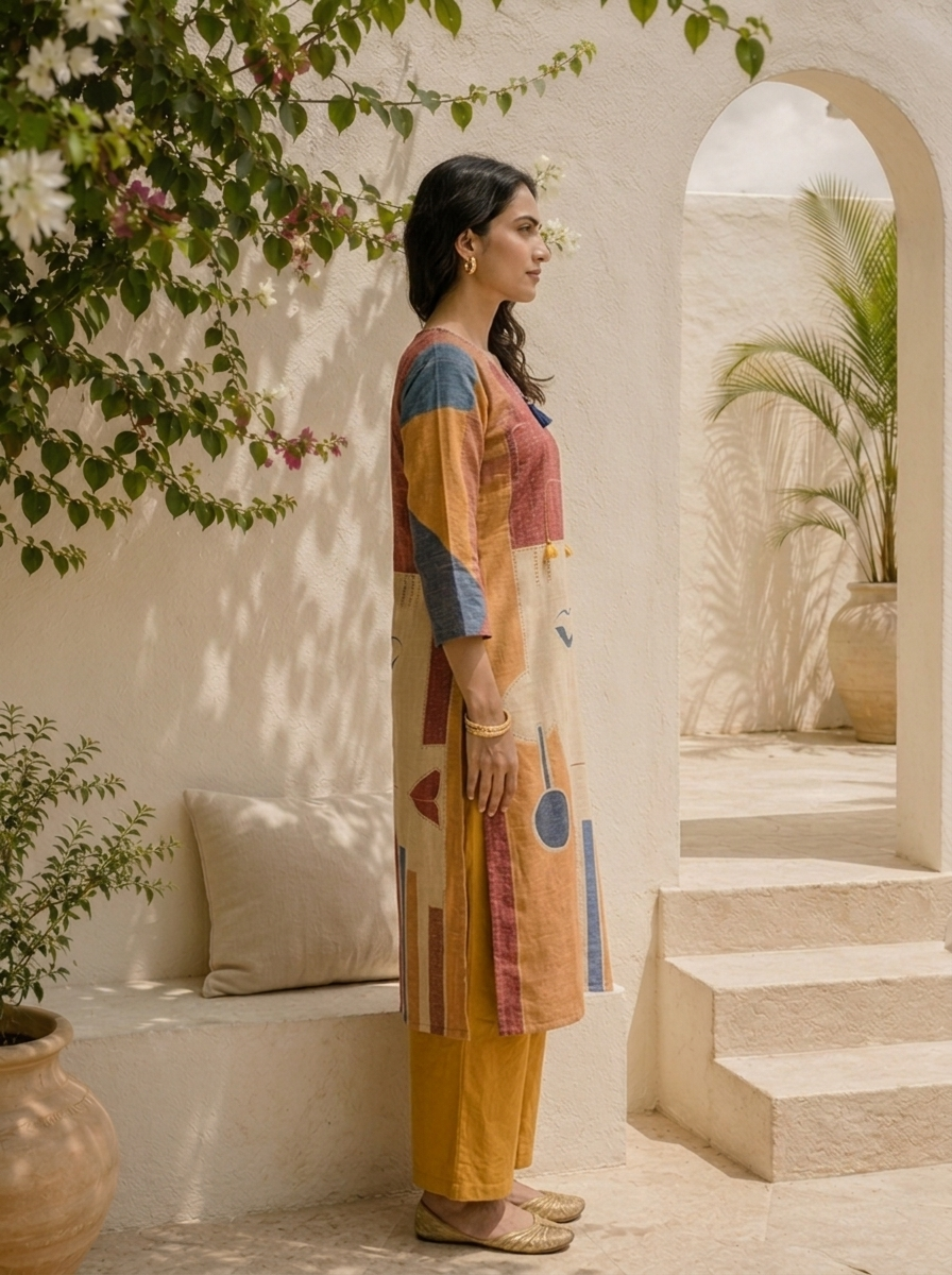 Beige Linen Abstract Geometric And Art Printed Two Piece Set