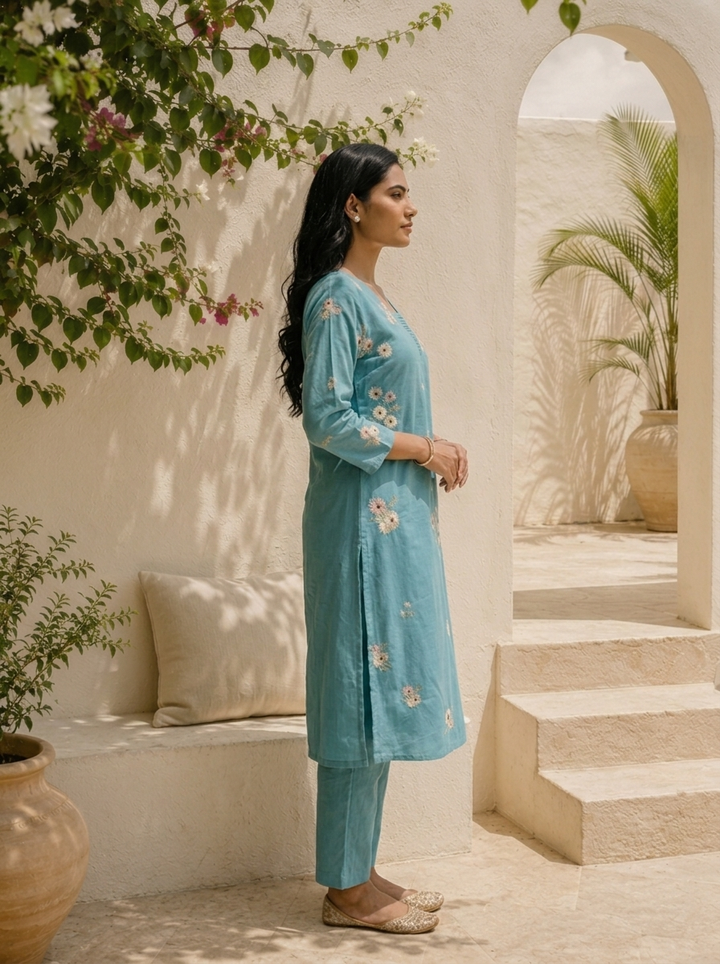 Aqua Cotton Floral Butta Embroidered Two Piece Set