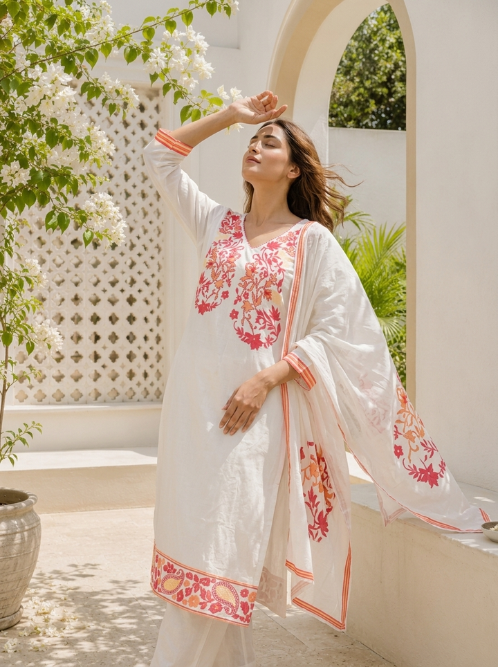 White Cotton Floral Yoke Printed Three Piece Set
