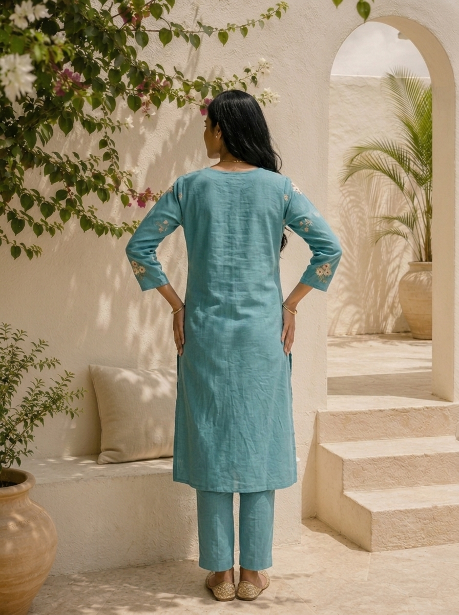 Aqua Cotton Floral Butta Embroidered Two Piece Set
