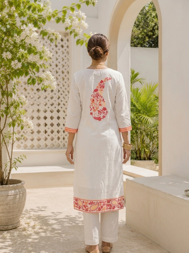 White Cotton Floral Yoke Printed Three Piece Set