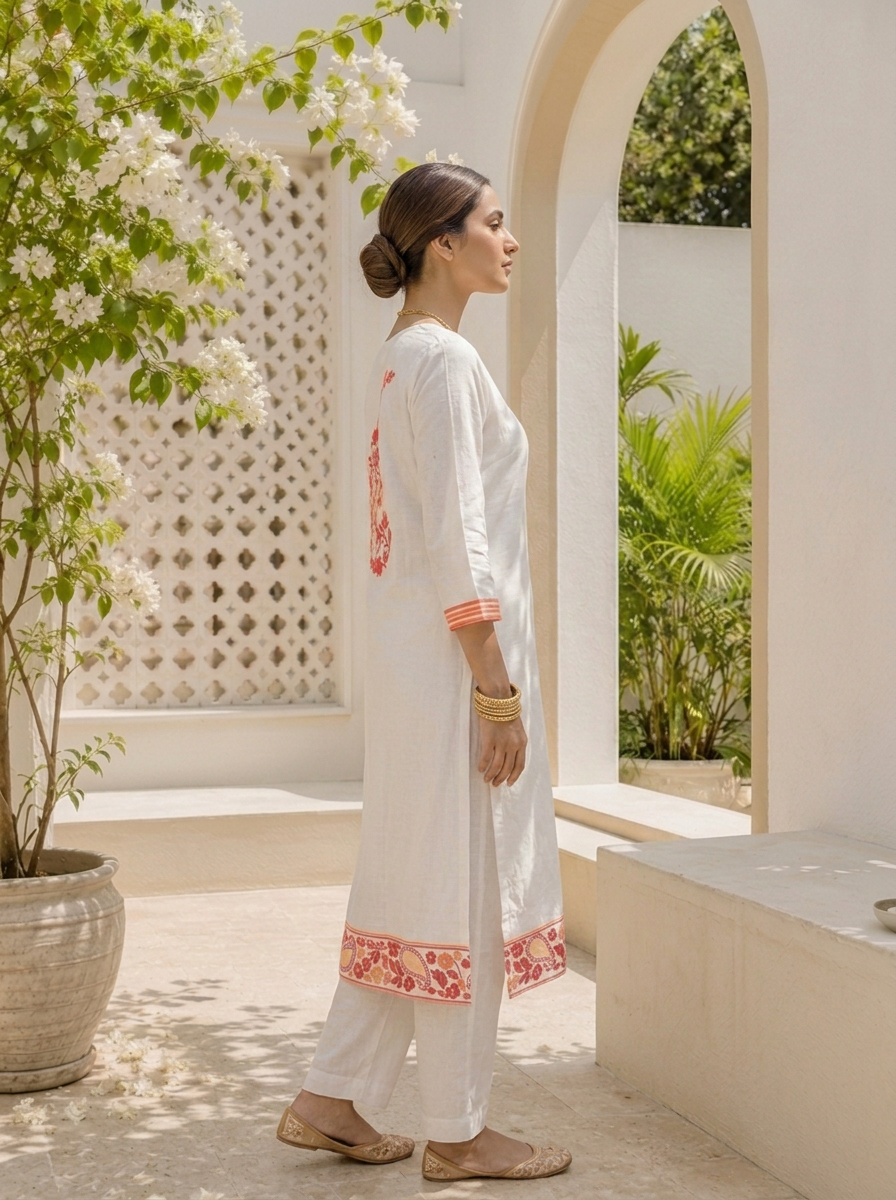 White Cotton Floral Yoke Printed Three Piece Set