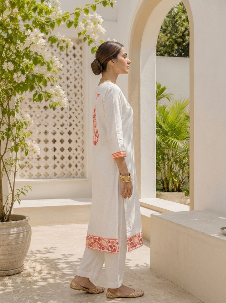 White Cotton Floral Yoke Printed Three Piece Set