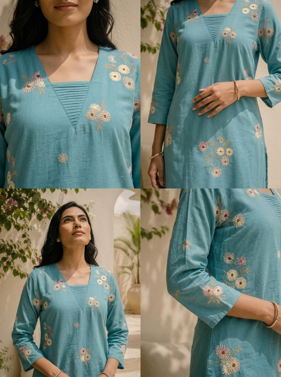 Aqua Cotton Floral Butta Embroidered Two Piece Set
