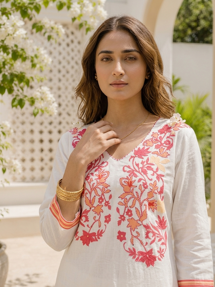 White Cotton Floral Yoke Printed Three Piece Set